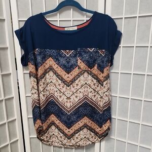 Rewind Chevron Pattern Blue Cap Sleeve Top